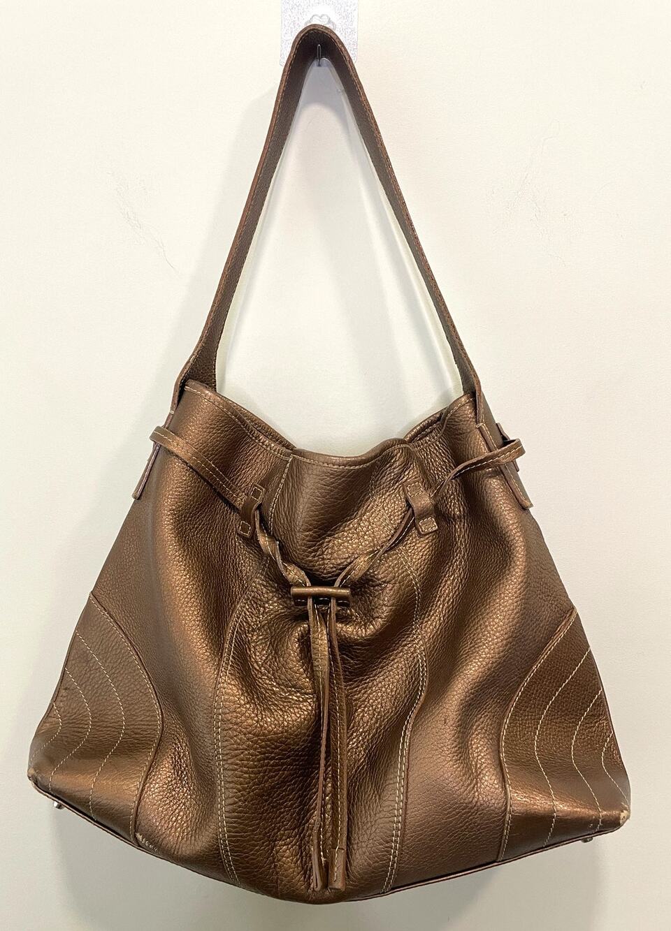 HAROLD'S Metallic Pebbled Leather Drawstring Hobo Bag Purse